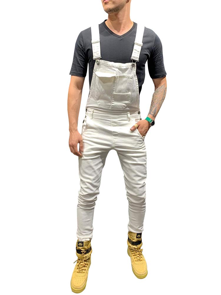 LONGBIDA Men's Denim Bib Overalls Women Fashion Slim Fit Jumpsuit with Pockets(White,S) - Image 1